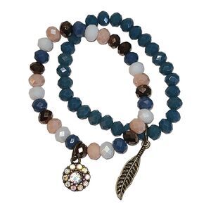 2 Stack Crystal Bead Stretch Bracelets Blue Pink Feather & Flower AB Rhinestones